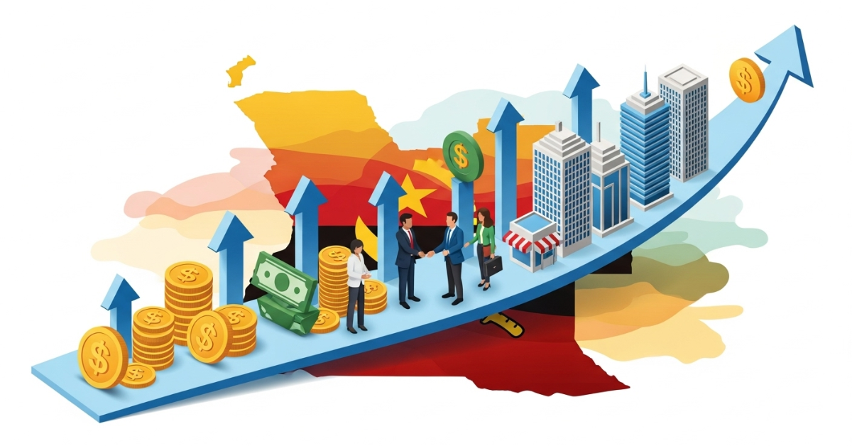 Gráfico ou ilustração mostrando um caminho ascendente com setas de crescimento e ícones de dinheiro, pessoas e prédios, simbolizando o financiamento de negócios em Angola e o sucesso.