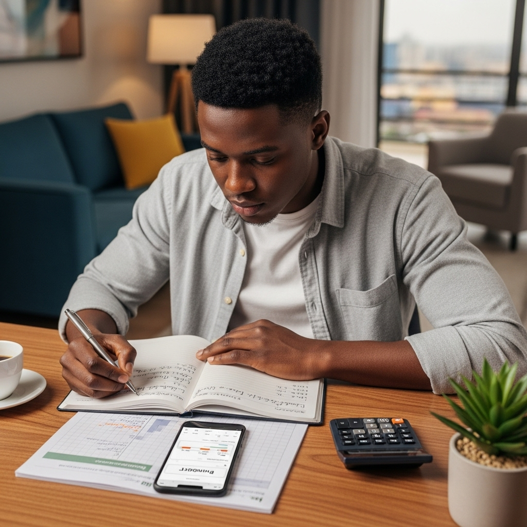 Jovem angolano organizando suas finanças com caderno, celular e calculadora
