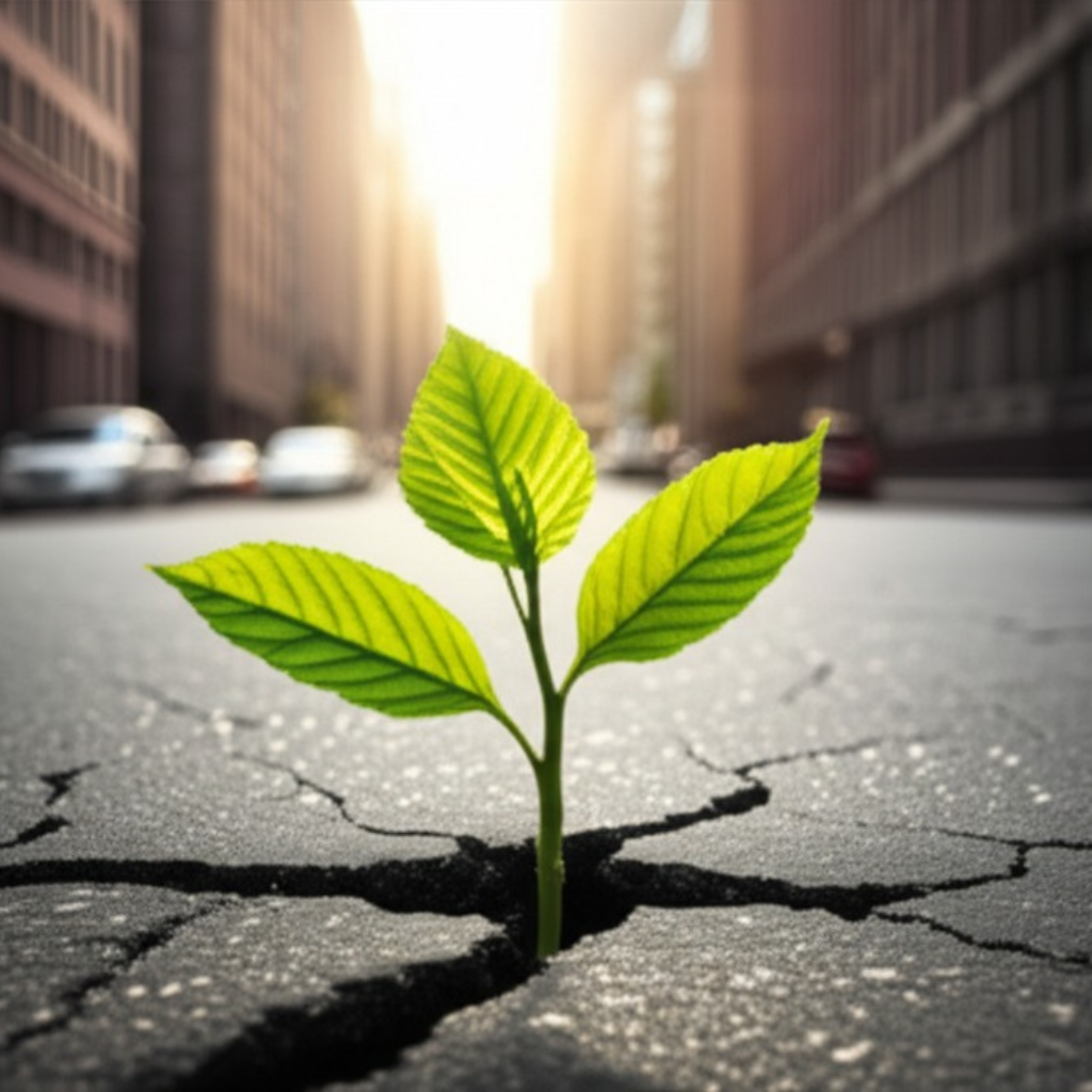 Broto verde crescendo através do asfalto rachado, simbolizando resiliência e esperança.