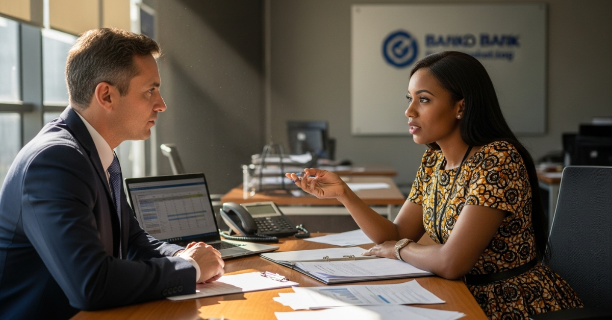 Mulher angolana conversando com gerente de banco sobre renegociação de dívidas