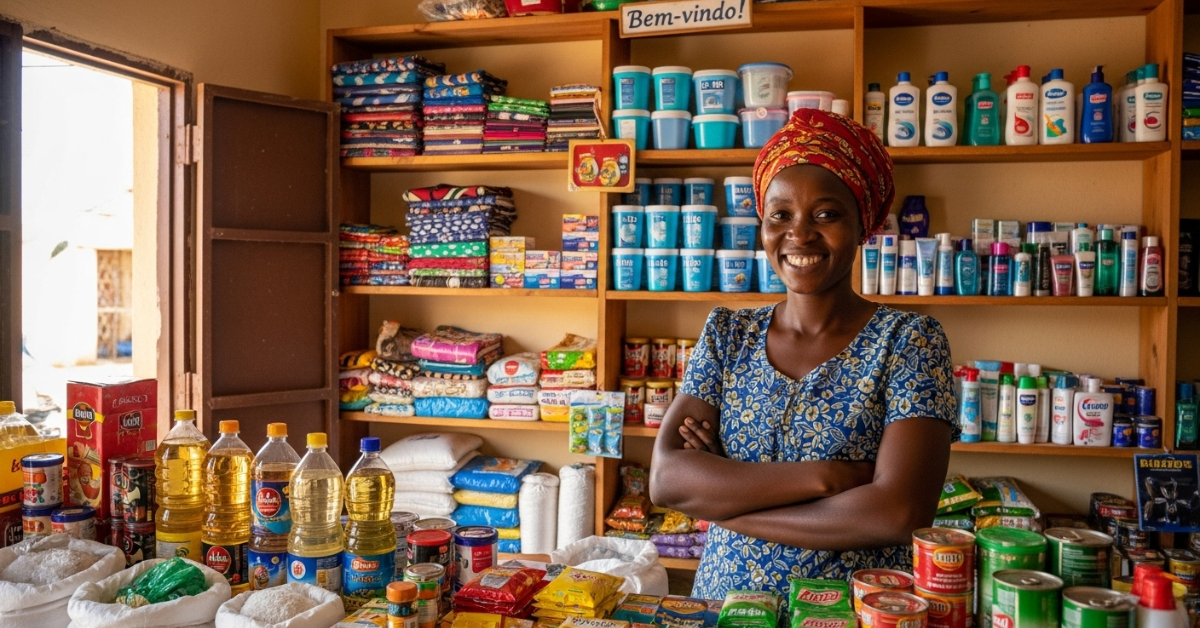 Pequena comerciante angolana sorrindo em sua loja com prateleiras organizadas.