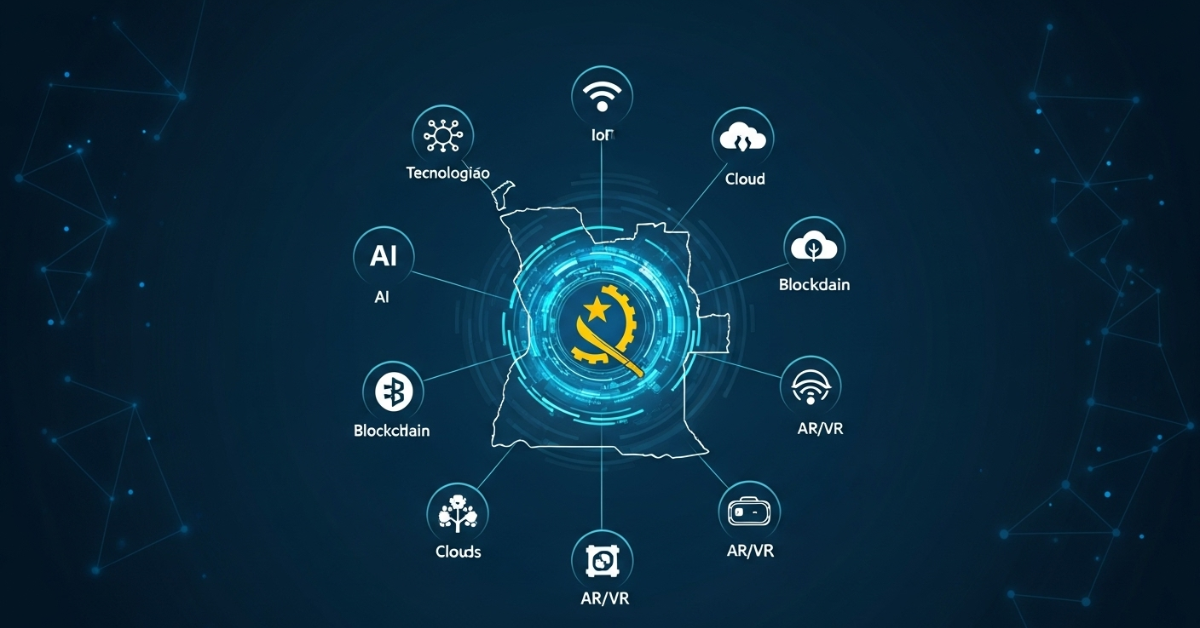 Ilustração digital futurista com o mapa de Angola no centro, conectado a ícones de IA, IoT, Cloud, Blockchain e AR/VR. O visual representa a transformação digital e as oportunidades de negócios e carreira no país.
