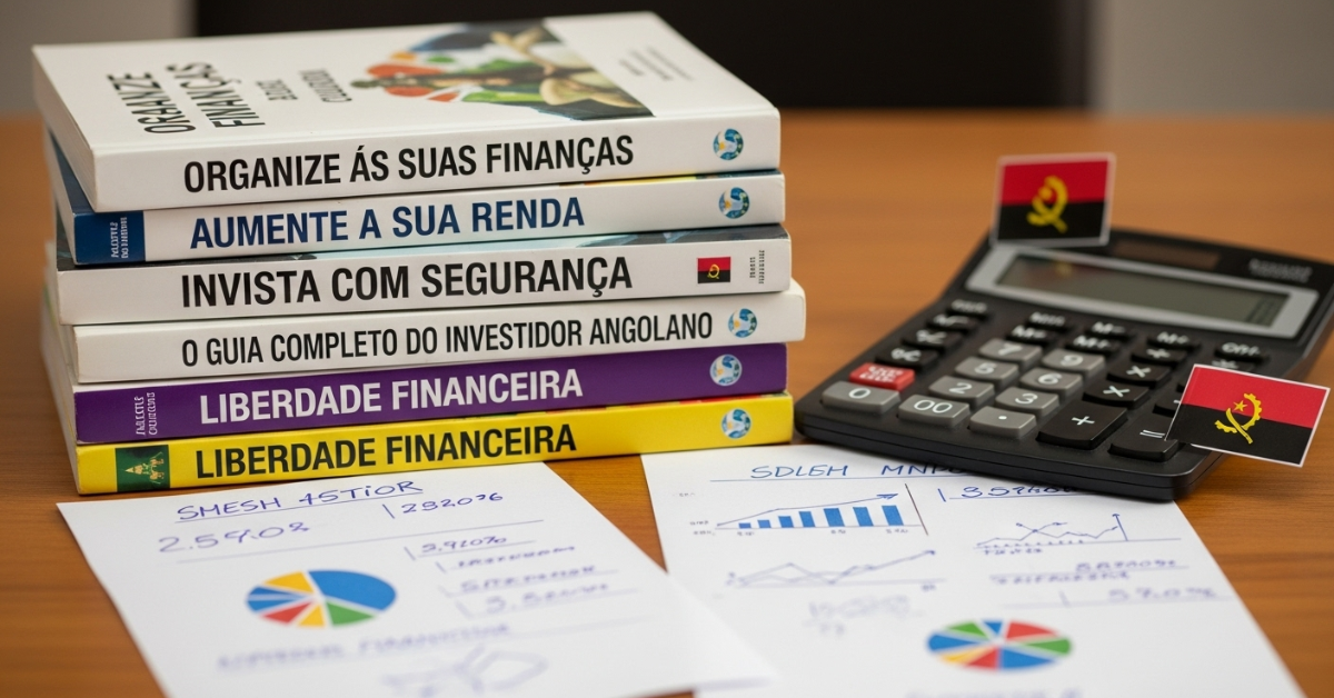 Livros de educação financeira empilhados ao lado de uma calculadora e anotações, representando organização financeira em Angola