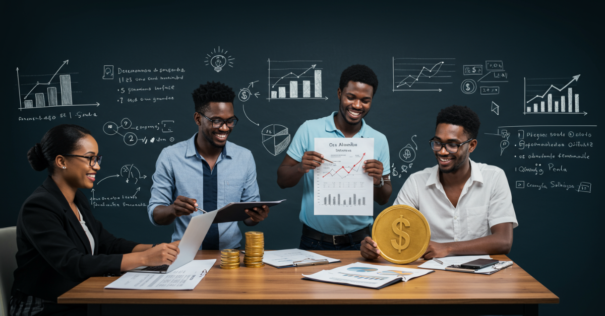 Ilustração de pessoas organizando finanças pessoais e profissionais em Angola, com gráficos e símbolos de prosperidade financeira.