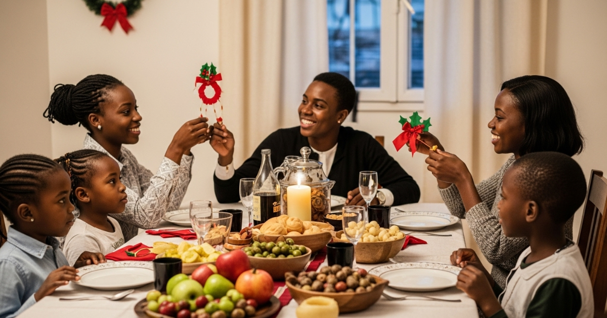 Família angolana celebrando o Natal de forma econômica e criativa, com decorações feitas à mão e uma ceia simples.
